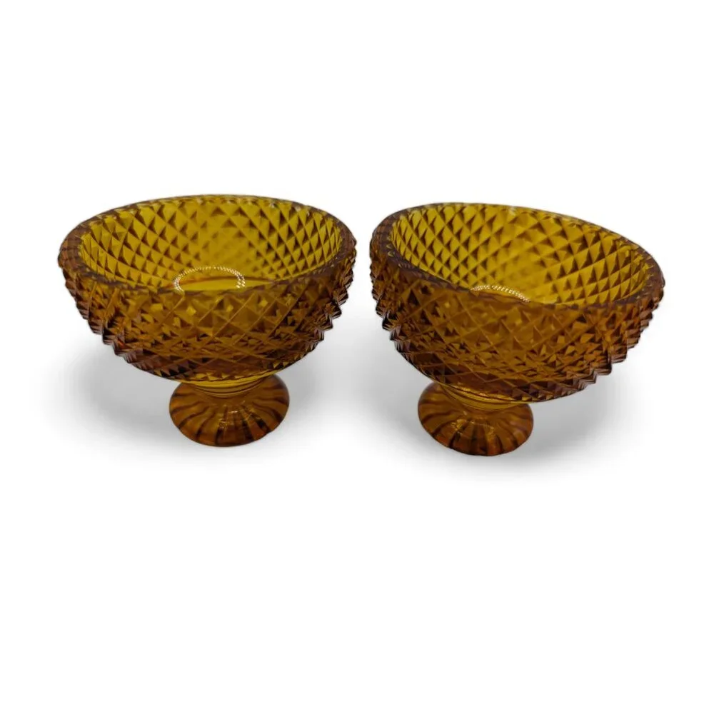 Vintage Amber Gold Glass Set of 2 Dessert Dish Cup Diamond Cut Design Bowls